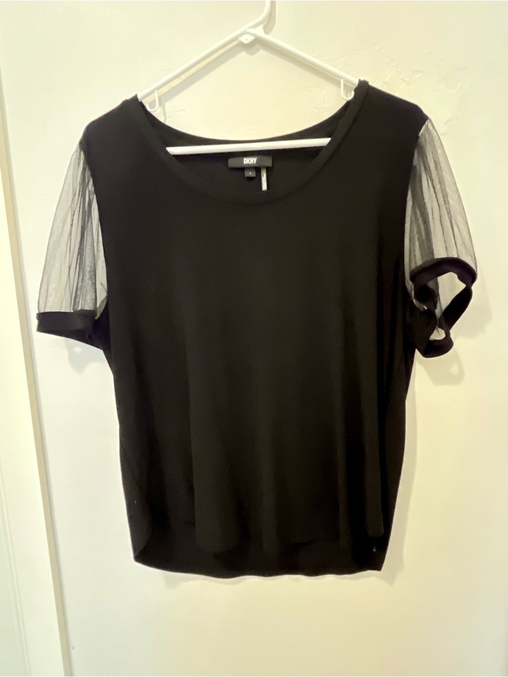 DKNY Black Short Sleeve Top with Sheer Mesh Sleeves